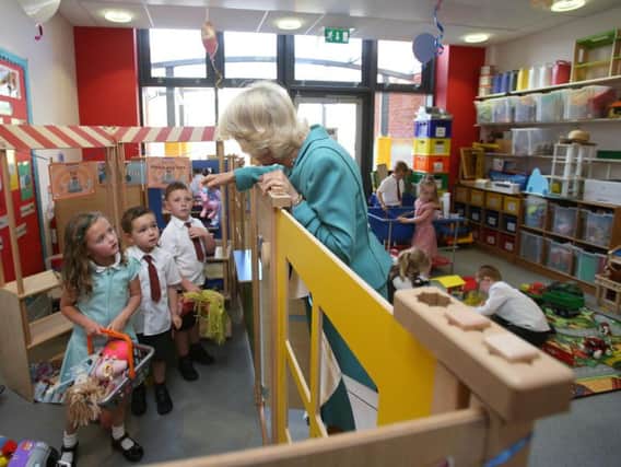 The Duchess of Cornwall meets Primary 1 children in Dromore Central Primary School in Dromore Village in County Down, during her visit to Northern Ireland.