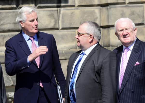 EU chief negotiator on Brexit Michel Barnier meeting Sean O Fearghail Ceann Comhairle as he arrives to address the Oireachtas and meet Taoiseach Enda Kenny in Government Buildings, Dublin.
