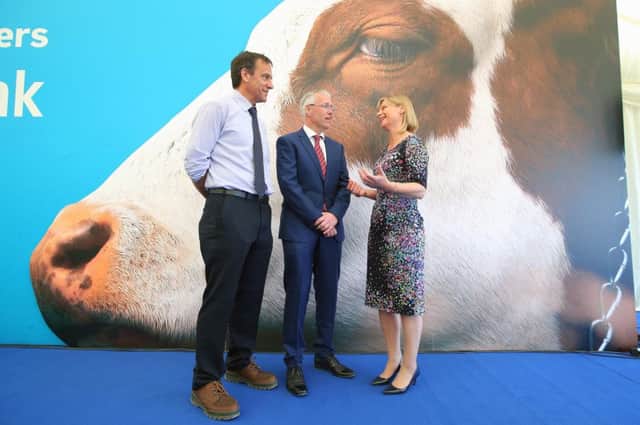 Richard Donnan, Head of NI at Ulster Bank, welcomes keynote speaker, Janet McCollum, Chief Executive of Moy Park, to the Ulster Bank lunch at Balmoral Show today. They are with Cormac McKervey, Senior Agriculture Manager, Ulster Bank.

Photo by Kelvin Boyes / Press Eye.