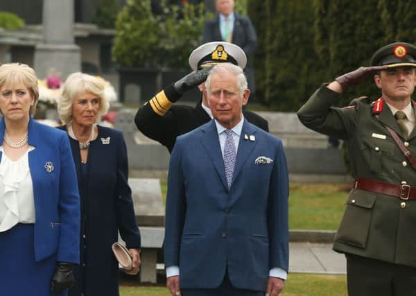 Minister for Arts, Heritage and the Gaeltacht Heather Humphreys, the Duchess of Cornwall and the Prince of Wales ahead of a wreath laying ceremony at Glasnevin cemetery, Dublin.