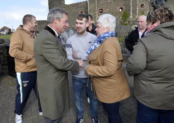 Ukip leader Nigel Farage campaigning in the shadow of  Carrickfergus Castle last year. Press Eye - Northern Ireland -25th April 2016
P