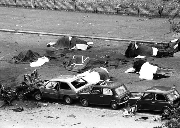 Dead horses covered up and wrecked cars at the scene of the 1982 Hyde Park bomb. Relatives of the dead have been denied first justice, then legal aid (while legal aid funds numerous anti state legal cases in the NI courts) Photo: PA Wire