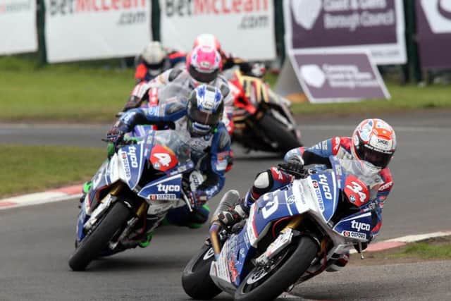 Alastair Seeley leads Ian Hutchinson and Lee Johnston in the Superstock race at the North West 200.