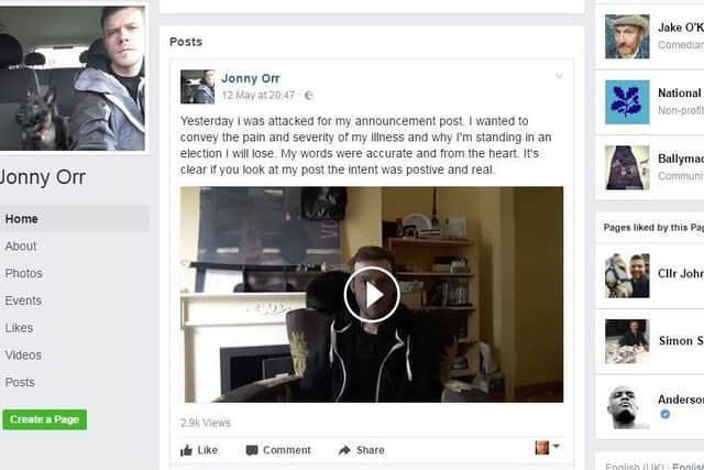 Making his position clear: Jonny Orr posted the video on his Facebook page.