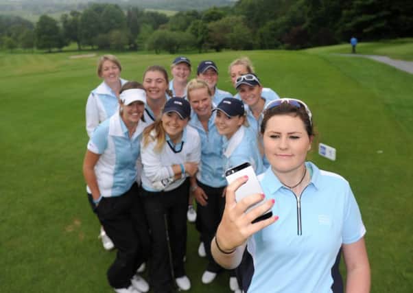 Olivia Mehaffey stops for a quick selfie with Great Britain and Ireland team-mates during the Vagliano Trophy in 2015. Pic by PressEye Ltd.