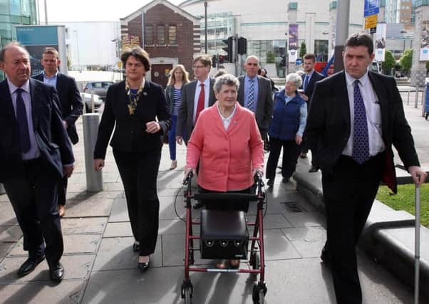DUP leader Arlene Foster arrive at court with victims' families for the Kingsmills inquest