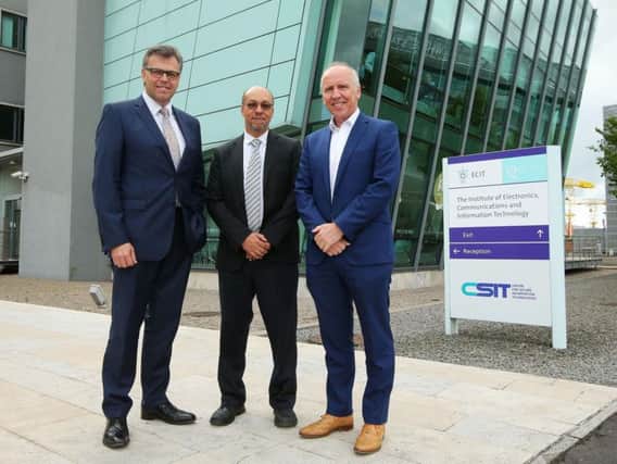 Invest Northern Ireland of (left to right) Alastair Hamilton, CEO Invest NI, Hugh Njemanze, Anomali and Dr Godfrey Gaston, Operations Director, CSIT as US-based internet security firm Anomali will create 120 new jobs with the opening of its European Research and Development Labs in Belfast.