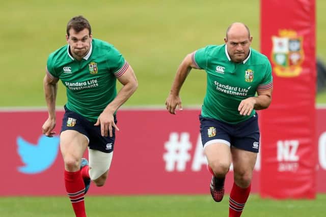 Rory Best in training with Sam Warburton