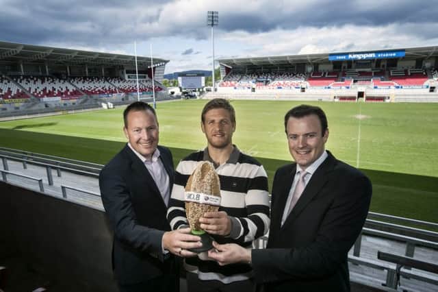 Maurice van Tongeren from IREKS at the Kingspan stadium with Ulster player Chris Henry and John Graham from Andrew Ingredients