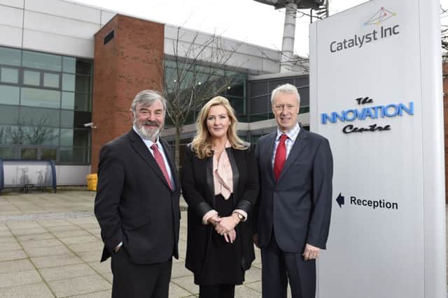 Dr Norman Apsley, CEO of Catalyst Inc with Gina McIntyre, CEO of the Special EU Programmes Body (SEUPB) and Philip Maguire, director of finance and administration with Catalyst Inc at the announcement of the project