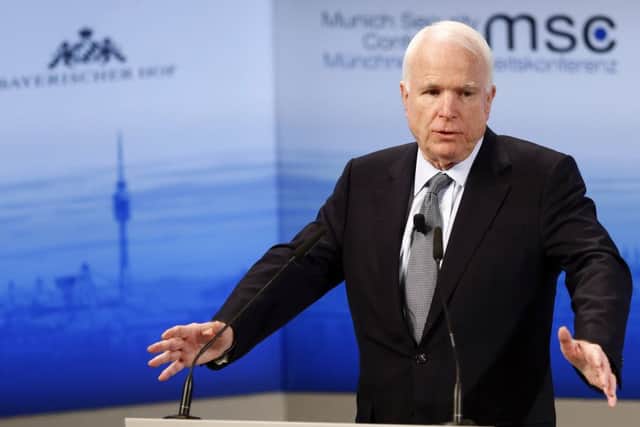 U.S. Sen. John McCain speaks at a Security Conference in Munich, Germany, in 2016. (AP Photo/Matthias Schrader)