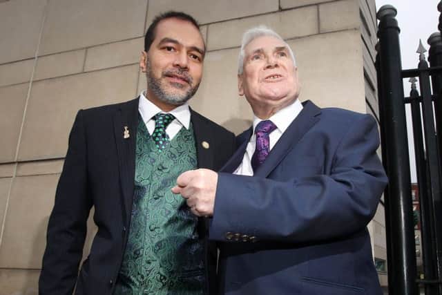 Dr Muhammad Al-Hussaini with Pastor James McConnell outside Belfast's Laganside Courts after a court case in December 2015 in which the pastor was tried for anti Islamic comments he made in a sermon. He was acquitted later that year.
Dr Al-Hussaini had travelled to give him moral support. 
Picture by Jonathan Porter/PressEye