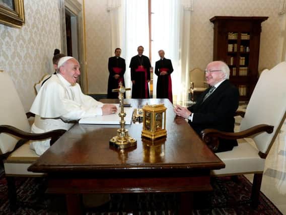 Handout photo issued by Maxwell Photography of Pope Francis and Irish President Michael D Higgins meeting in the Vatican City