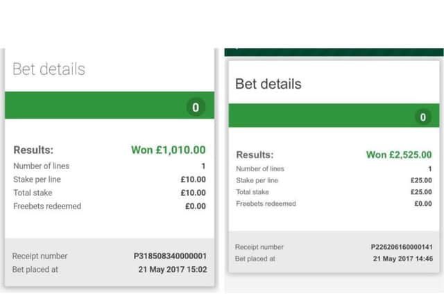 Screen grabs of two winning bets placed on Chelsea's John Terry to be substituted between 26:00 and 26:59 minutes during the Premier League game against Sunderland on Sunday