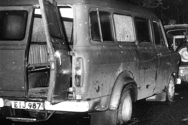 The bullet-riddled minibus in South Armagh where 10 Protestant workmen were shot dead by IRA terrorists.