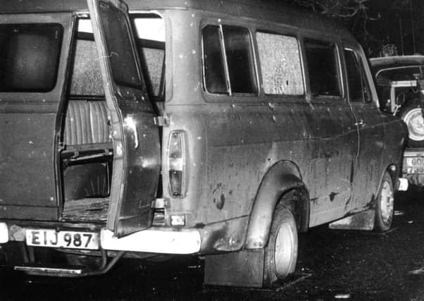 The bullet-riddled minibus in South Armagh where 10 Protestant workmen were shot dead by IRA terrorists.
