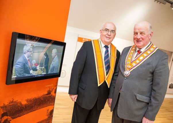 Grand Master Edward Stevenson (right) and County Armagh Grand Master Denis Watson pictured during yesterday's screening at Sloan's House