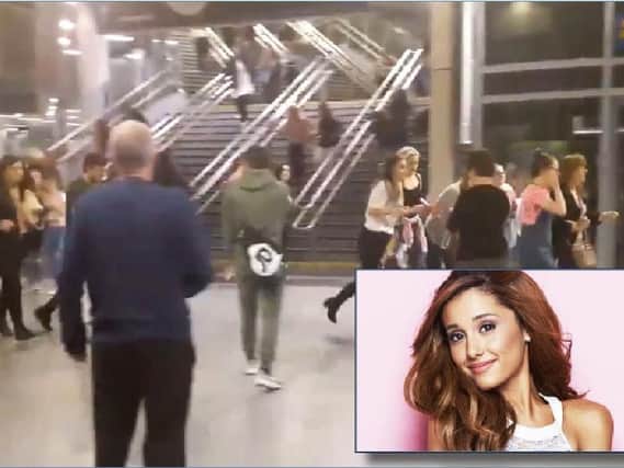 An image taken moments after the attack. Inset: Ariana Grande.