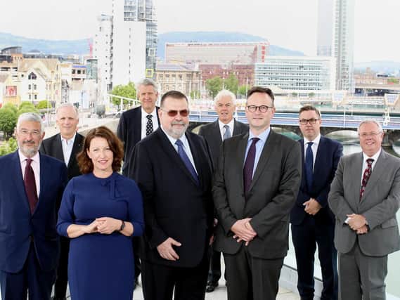 (Left-right) Claudio Visco, chair of IBA ,Anne Beggs invest NI ,Mark Ellis, IBA Martin Solc, president of IBA ,Liam McCOllum QC Chair of bar of Northern Ireland , Ian Huddleston, president Law Society of Northern Ireland Norville Connolly IBA representative , David Mulholland CHief executive of bar of Northern Ireland and Alan hunter chief executive of law Society of Northern Ireland, attend International Bar Association's Bar Leaders Conference in Belfast