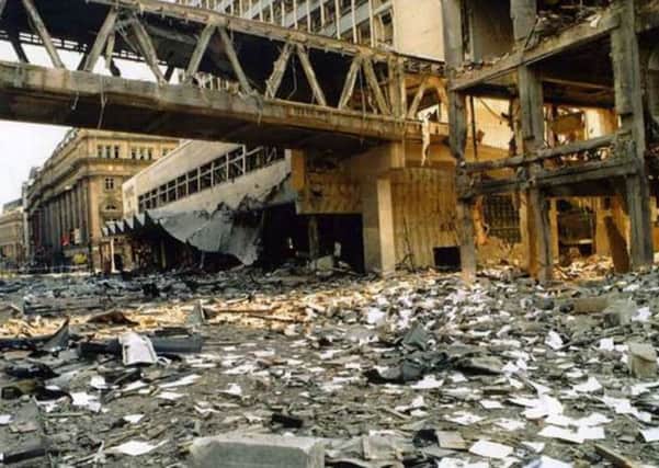 The aftermath of the 1996 IRA bomb in Manchester, one in a long list of grave IRA crimes over the decades there and elsewhere