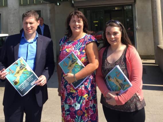 (left to right) Sinn Fein's Matt Carthy, Michelle Gildernew and Jemma Dolan, as they launch the party's policy paper on Brexit and the farming industry at the Ulster Farmers' Market in Enniskillen.