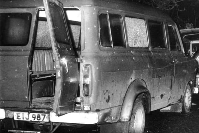The bullet-riddled minibus in South Armagh where 10 Protestant workmen were shot dead by IRA terrorists in the Kingsmill massacre. Photo: PA