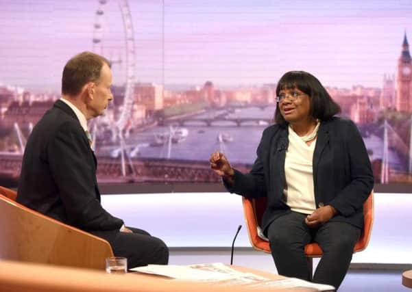 Andrew Marr and Shadow Home Secretary Diane Abbott appearing on the BBC One current affairs programme, The Andrew Marr Show