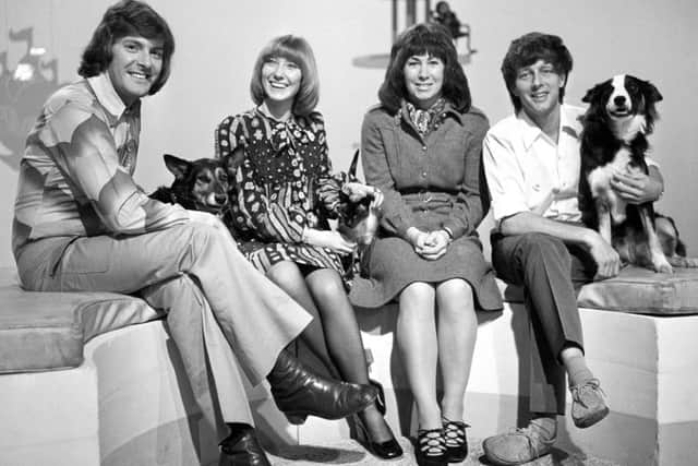 John Noakes, right with his dog Shep, with the Blue Peter cast Peter Purves, Lesley Judd, Valerie Singleton in 1972