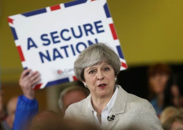 Conservative party leader Theresa May speaking at a rally in Twickenham, London, on Monday