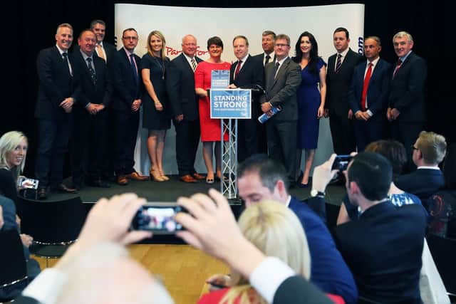 Party leader Arlene Foster with candidates at the launch of the DUP manifesto at the Old Courthouse in Antrim for the upcoming General Election