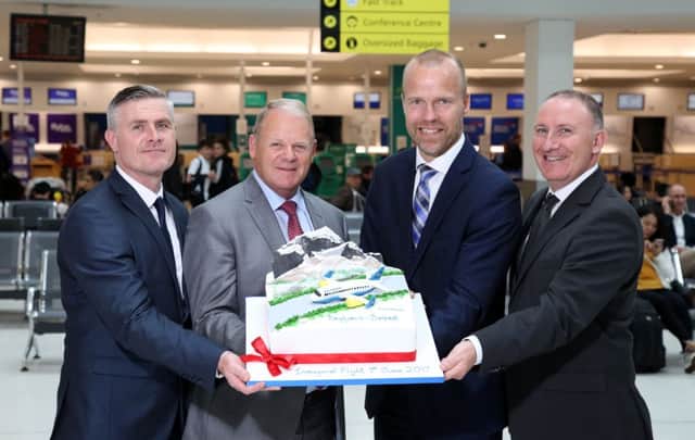 Belfast City CEO Brian Ambrose and Arni Gunnarsson, CEO of Air Iceland Connect, centre left and right, pictured with Ciaran Doherty, of Tourism Ireland, left, and Visit Belfast CEO Gerry Lennon