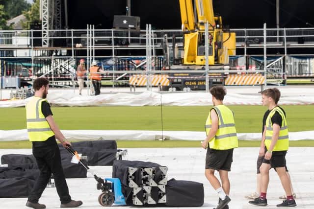 Preparations take place at the Emirates Old Trafford cricket ground ahead of Ariana Grande's One Love Manchester concert this weekend