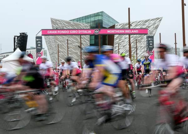 The Gran Fondo Giro d'Italia as it takes off from Titanic Belfast and passes through the streets and roads of Northern Irealnd in 2016. (Photo by Kevin Scott / Presseye)