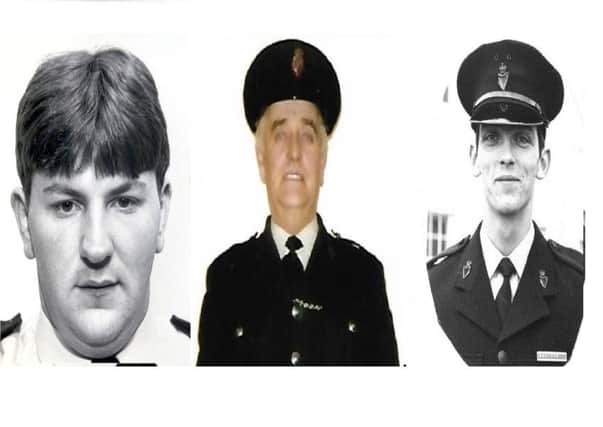 The three murdered RUC officers, from left to right, were: were 22-year-old Kenneth Norman Lynch, 58-year-old Hugh Henry Martin, and 24-year-old Samuel Derek Davison .