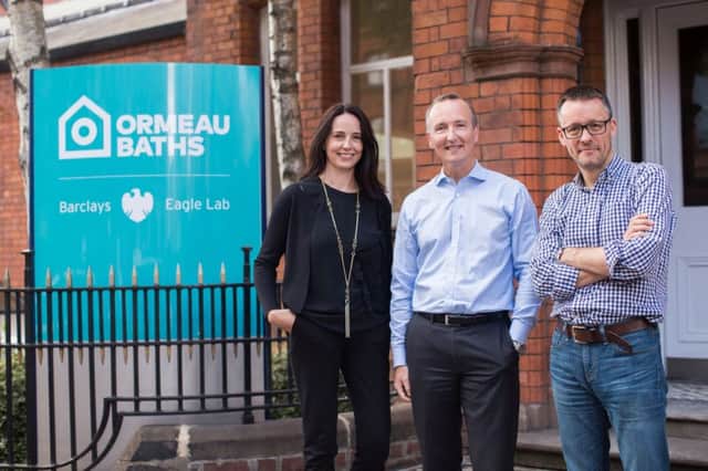 Leading tech figure Sarah Friars with Adrian Doran of Barclays and Ormeau Baths co-founder Jon Bradford
