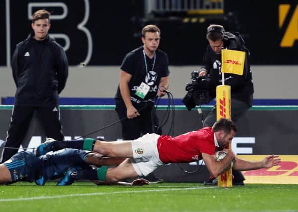 British and Irish Lions' Jared Payne goes over but the try is disallowed by the TMO