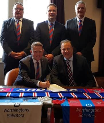 Ards directors Tim Clarke, Gary Anderson and Warren Patton with Ards manager Colin Nixon and Rangers Community Football Executive Phil Cowan at the Strangford Arms.