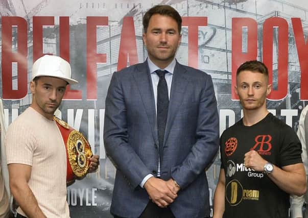 Lee  Haskins pictured with Ryan Burnett and Eddie Hearn