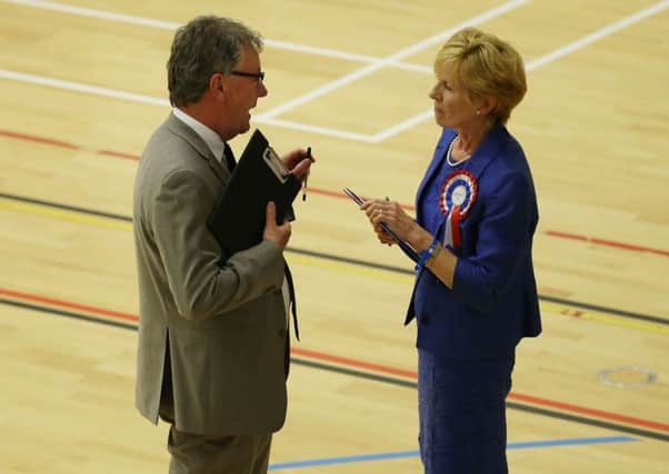 Lady Sylvia Hermon (Independent) running in the North Down talking to Mike Nesbitt (UUP) running in Strangfor during the  2017 Westminster Election count at Aurora Leisure Complex, Bangor.
 Picture by Brian Little/PressEye