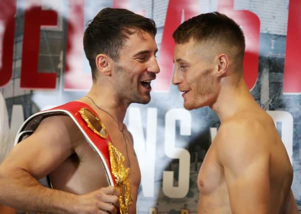 Ryan Burnett (right) and Lee Haskins share a laugh at the weigh-in. Pic by PressEye Ltd.