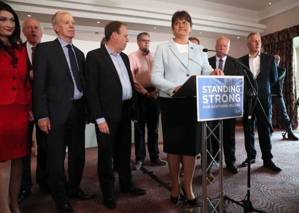 DUP leader Arlene Foster, with her 10 MPs, speaking at the Stormont Hotel in Belfast on Friday. They have influence now but could lose it in an instant if there is a new election. Photo credit should read: Brian Lawless/PA Wire