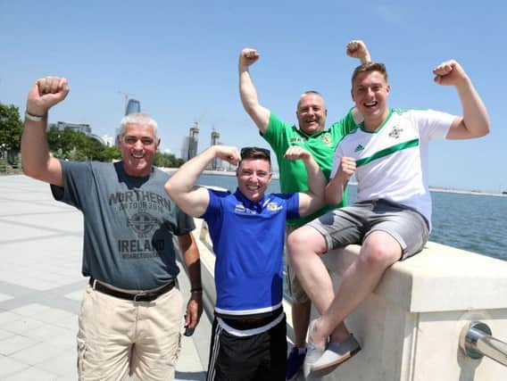 NI fans Mervyn McNeely, Andrew Jonshton, Sydney Collins and Darren Collins in Baku. Photos: Press Eye