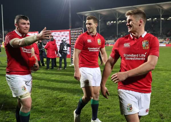 British and Irish Lions' Owen Farrell celebrates after the tour match in Christchurch