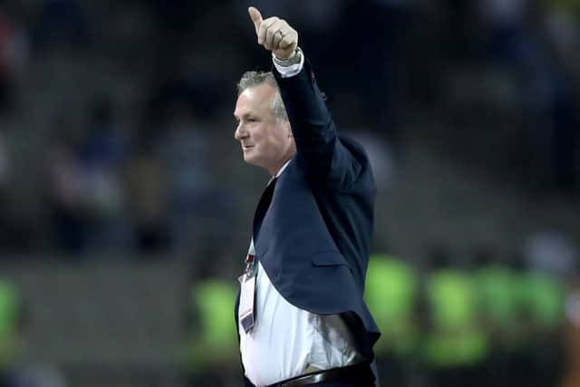 Northern Ireland manager Michael O'Neill celebrates after defeating Azerbaijan 1-0 in Saturday nights World Cup Qualifier
