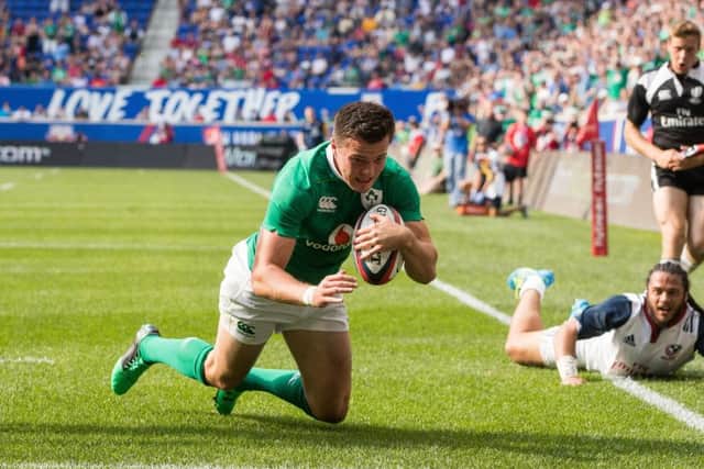 Ireland's Jacob Stockdale scores the second try of the game agaisnt USA