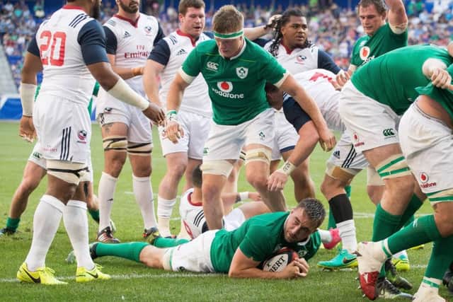 Ireland's Jack Conan scores a try at the back of a maul