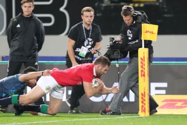 Lions's Jared Payne scores a try that was later disallowed