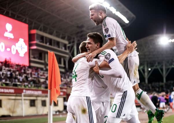 Celebration time after Stuart Dallas' goal in Baku. Pic by PressEye Ltd.