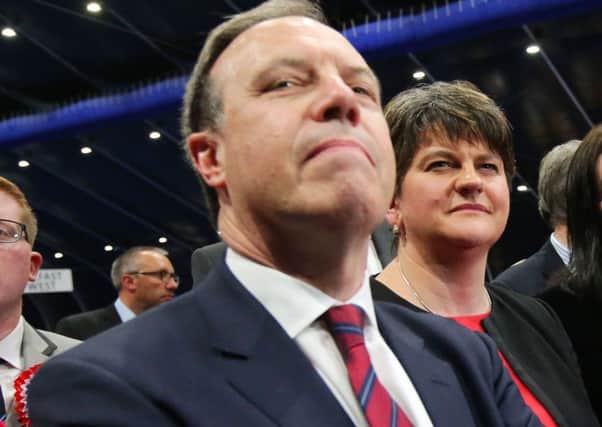Nigel Dodds and Arlene Foster at the Belfast count on Friday.
Photo by Kelvin Boyes / Press Eye.