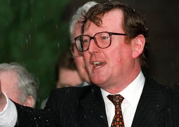 David Trimble makes a point to the media on the day the Good Friday Agreement was signed in 1998